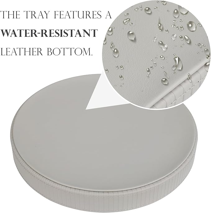 HofferRuffer Round Decorative Tray, Faux Leather Vanity Tray Decor, Decorative Catchall for Perfume, Bathroom Valet, Nightstand or Dresser (Grey Stripe, Round-12" x 12" x 1.6")