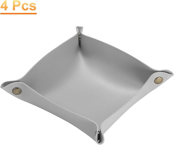 HARFINGTON 4pcs PU Leather Valet Tray Unisex Folding Small Catchall Tray Portable Entryway Table Tray Nightstand Bedside Desk Tray for Key Wallet Watch Coin Jewelry Dice, Gray