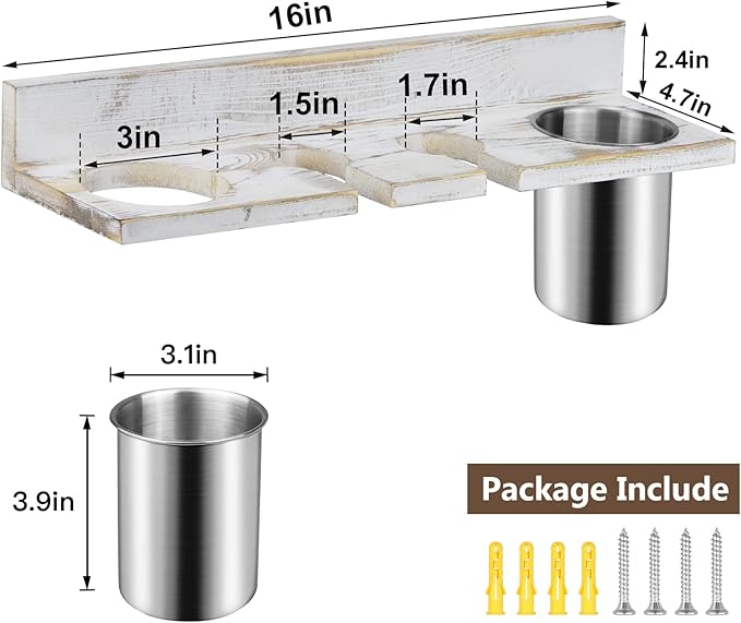 Hair Tool Organizer Wall Mounted, Sturdy Pine Wood Construction, Removable Stainless Steel Cup, Holds Hair Dryers, Straighteners, Curling Irons, Brushes, and More, White