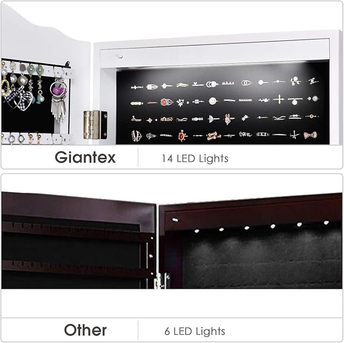 Giantex Jewelry Armoire Organizer with Full Length Mirror, 14 LEDs Floor Standing Jewelry Cabinet with 2 Drawers, 4 Adjustable Angles, Lockable Jewelry Storage Box Cabinet (White)