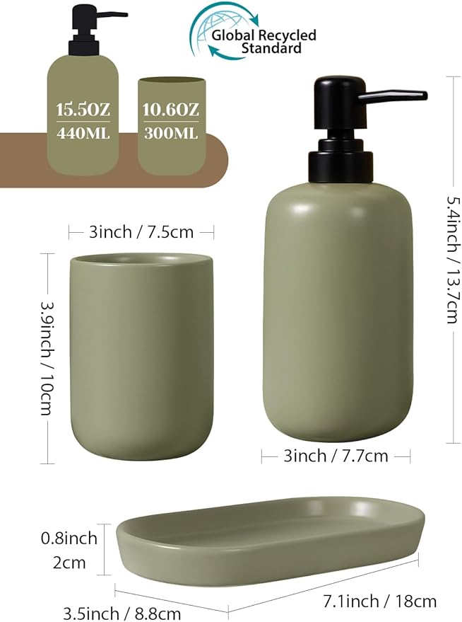 INGOFIN 3 Pcs Ceramic Bathroom Accessory Set - Liquid Soap Dispenser, Toothbrush Holder & Tray, Bathroom Counter Set, Countertop Essentials for Home, Guest Bathroom, Office, Hotel, Dark Green
