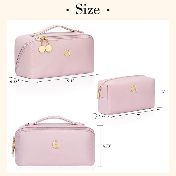Valentine's Day Gifts for Women Teen Girl, Personalized Initial Makeup Organizer Bag Set, Open Flat Travel Cosmetic Bag With Clear Divider and Handle(Pink,G)