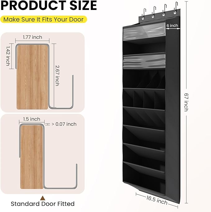 8 Tier Clear Over the Door Shoe Organizer with Deep Pockets, Door Shoes Rack with hard Cardboard and Tubes to Keep the Shape, Hanging Shoe Rack for Closet Organizers, Shoe Holder Black