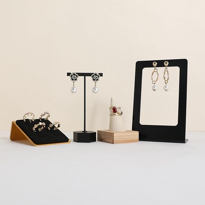 GemeShou Beige wood ring storage organizer, Velvet Jewelry ring display holder, Cute ring display stand for selling, wedding ring holder at nightstand【Beige with single cone】