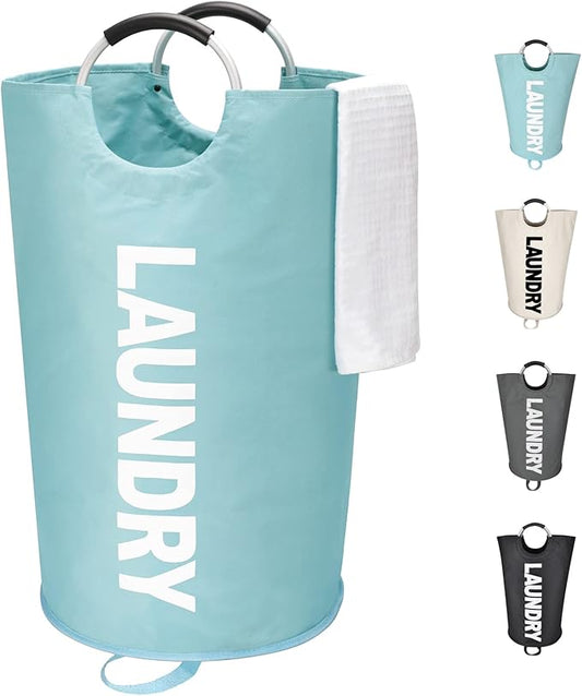 90L Large Laundry Basket, Freestanding Tall Clothes Hamper, Collapsible Laundry Bag, Light Blue