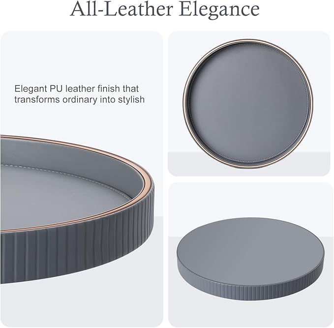 GORESE 12" Round Coffee Table Tray for Home Decor, PU Leather Decorative Serving Tray for Home & Entryway Tables, Perfume and Jewelry Tray for Dresser & Nightstand, Gray