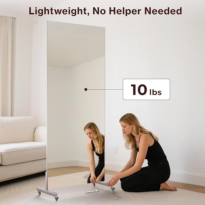 81" x 41" Standing Mirror Full Length with Wheels, Large Glassless Rolling Mirrors with Brakes, Shatterproof HD Imaging Thin Frame Full Body Mirror for Dance Studio/Home Gym, Silver
