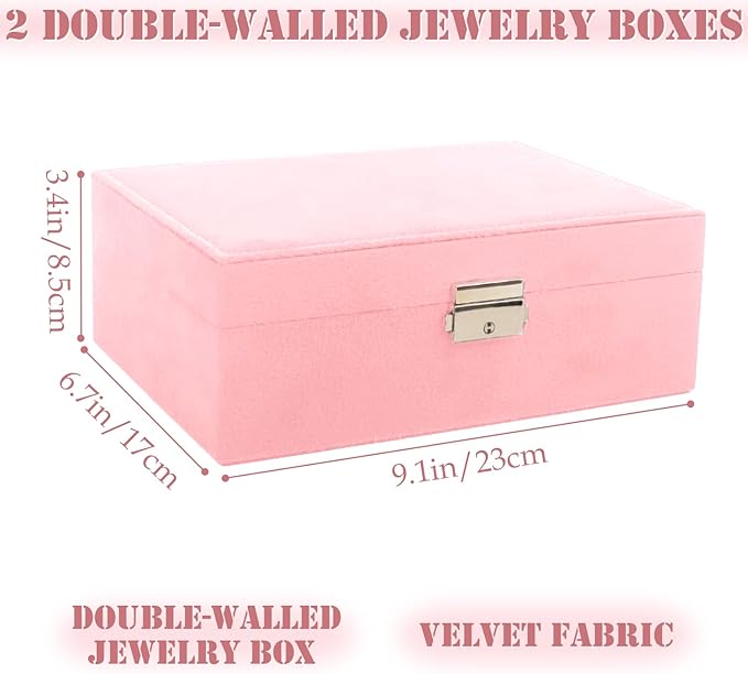 Nsmykhg Velvet Jewelry Box Organizer - 2 Pack Lockable 2 Layer Travel Case with Removable Tray, Jewelry Storage for Women & Men, Jewelry Display Case for Rings, Necklace, Earrings (Pink)