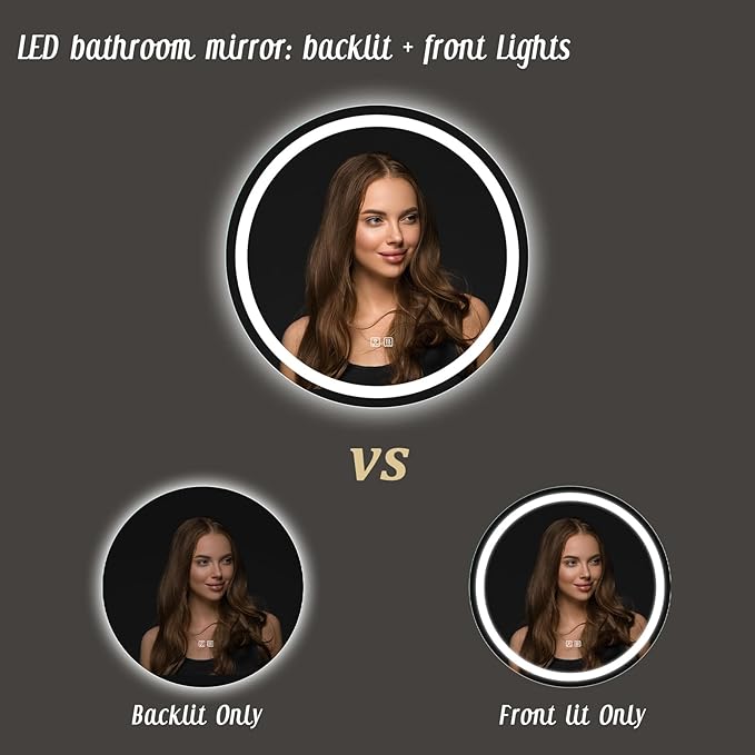 APRILSOUL 28 Inch Round LED Bathroom Mirror with Lights, Makeup Mirror with Front and Backlit, Anti-Fog, 3 Colors and Dimmable Light
