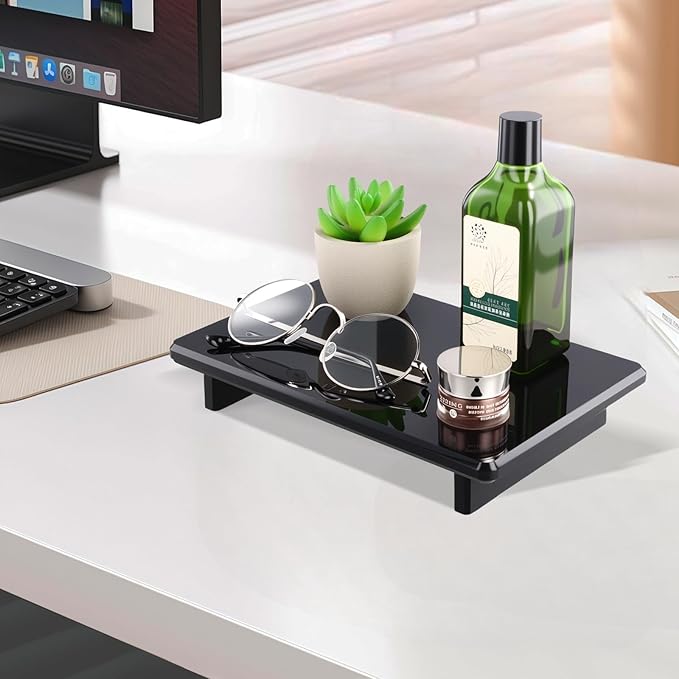 Acrylic Black Bathroom Tray 2-Pack – Multi-Purpose Kitchen & Bath Counter Organizer, Waterproof Soap/Sponge/Brush Holder, Plant & Candle Display Riser, Compact Tray 9 x 5.9 x 1.5 inches