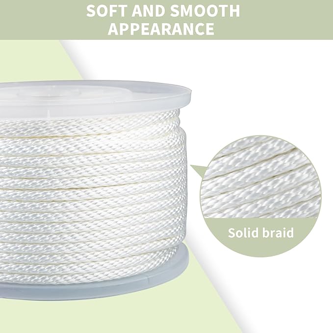 5/16 Inch 250ft White Nylon Solid Braid Rope | High UV & Abrasion Resistance | Industrial Grade, Low Stretch | Multipurpose for Flag Poles, Clotheslines