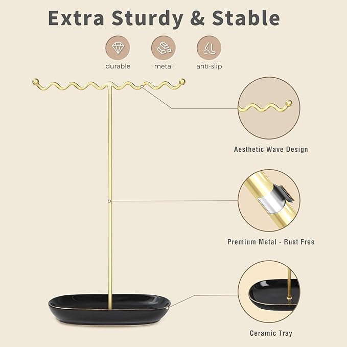 Elegant Jewelry Holder Tree Stand with Ceramic Tray - Metal Necklace Holder Organizer for Rings Bracelets Earrings - Tangle Free, Rustproof Decorative Display for Vanity Dresser Deluxe Black
