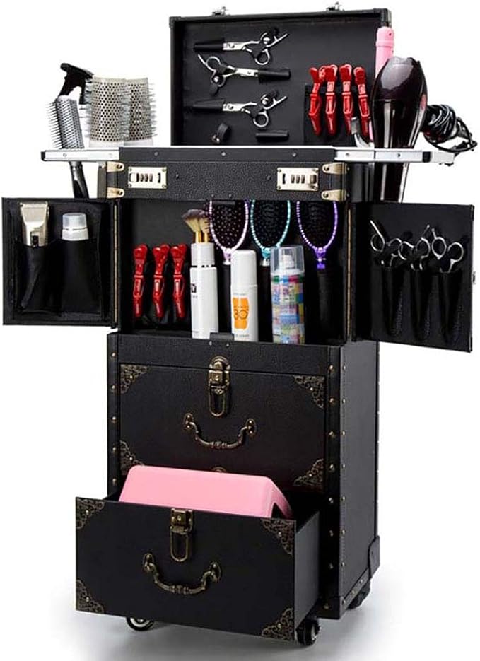 Rolling Lockable Makeup Train Case Hairdressing Trolley Stylist Beauty Salon Cosmetic Luggage Travel Organizer Tool Box with Hair Dryer Holder