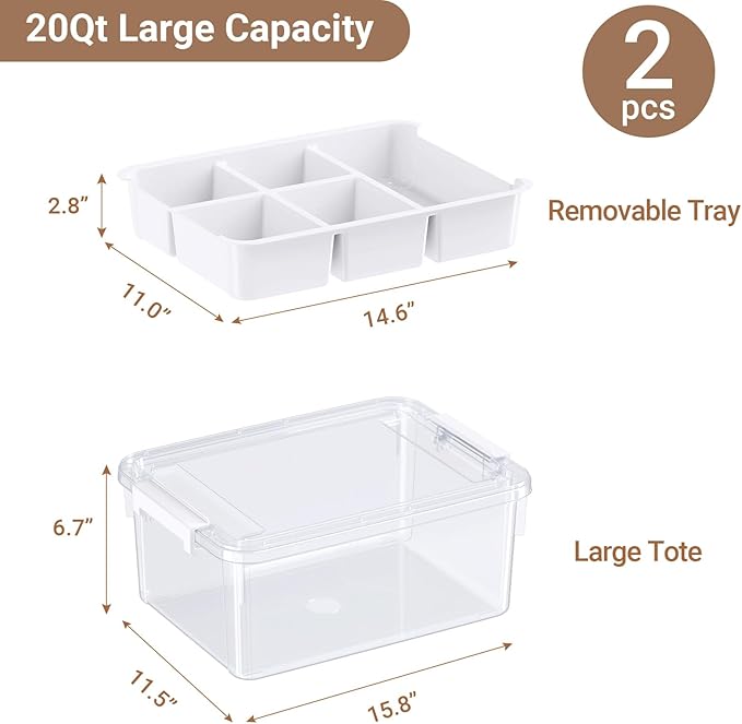 40Qt Stackable Storage Bins with Lids & Trays, Clear Plastic Latching Boxes Organizers with Dividers Portable 10Gal Containers for Arts & Crafts, Home and Car Trunk Organization, 2Pack