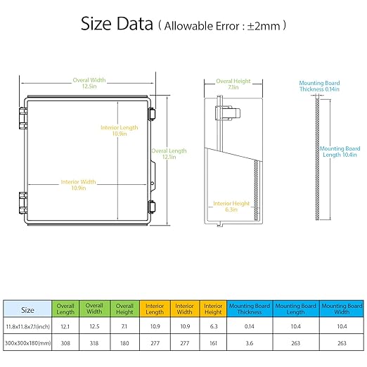 LeMotech Electrical Box, IP67 Waterproof Hinged Clear Cover Stainless Steel Latch Junction Box, ABS Plastic Electrical Enclosure with Mounting Plate,Wall Brackets, Cable Glands,11.8"x11.8"x7.1", Grey
