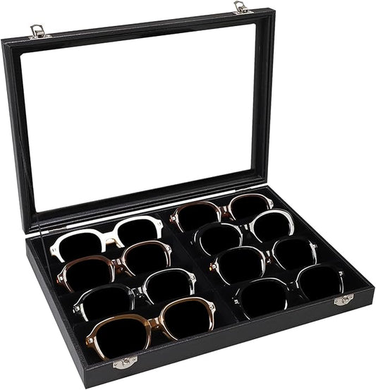 Wudygirl Jewelry and Sunglass Organizer - 8 Slot Storage With Clear Lid, Leather Eyeglasses Display for Women and Men (8 Grid)
