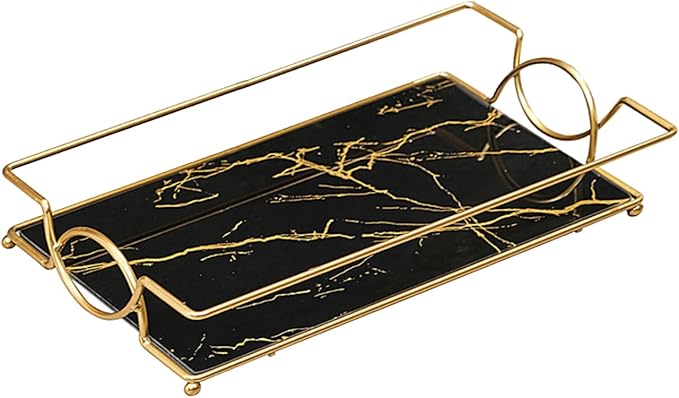 Vanity Bathroom Counter Tray Gold Glass Perfume Organizer Holder Cosmetics Makeup Skincare Display Decorative Vanity Trays Storage Rack for Bathroom Dresser Bedroom (1 Tier Black Gold-Small)