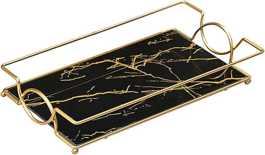 Vanity Bathroom Counter Tray Gold Glass Perfume Organizer Holder Cosmetics Makeup Skincare Display Decorative Vanity Trays Storage Rack for Bathroom Dresser Bedroom (1 Tier Black Gold-Small)