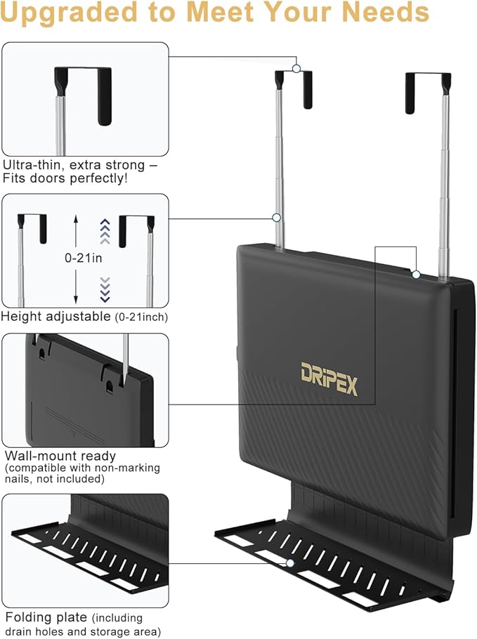 Dripex 3 Way Mirror with Storage Shelf and 3 Color LED Lights, Rechargeable Trifold Self Haircut 360° Mirror with Height Adjustable Hooks for Makeup, Styling, Shaving, Braiding, Dye Hair (Black)