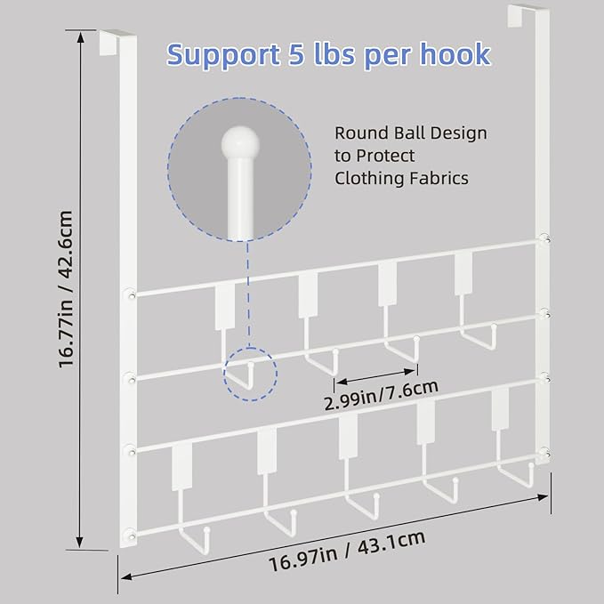 Over The Door Hooks, Over Door Hanger 9 Hooks, Coat Rack and Towel Rack for Hanging Clothes, Door Towel Hanger and Holder for Bathroom Organizer, Bedroom and Kitchen White