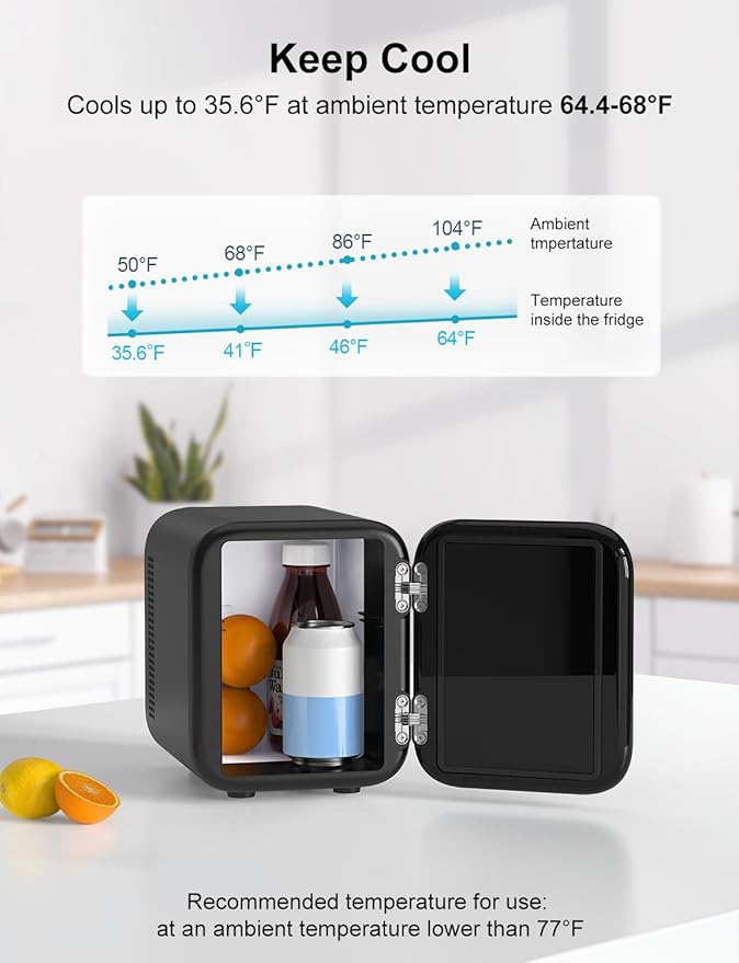 CROWNFUL Mini Fridge, 4 Liter/6 Cans Portable Skincare Fridge, AC/12V DC Cooler and Warmer Personal Refrigerator for Bedroom, Car, Dorm, Office, Food, ETL Listed Black