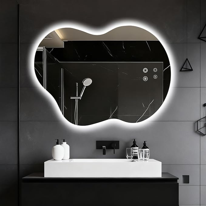 Asymmetrical Lighted Mirror for Bathroom,Modern LED Vanity Mirror with Backlit,Fog-Free,Tri-Color Dimmable Lighting with Memory Function,Hardwire Ready [Horizontal/Vertical] 30" H x 22" W