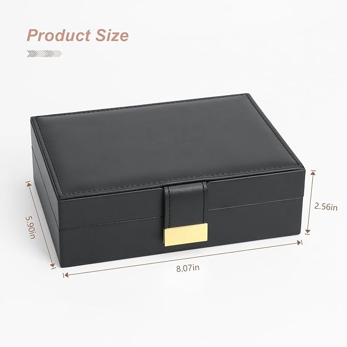 Leather Strap Closure Jewelry Box Single Layer Organizer Case for Necklaces, Earrings, Rings, Compact for Travel & Home Storage Black