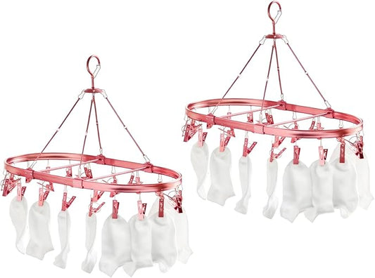 Underwear Hanger for Drying with 26 Non-Slip Clips - Aluminum Hanging Drying Rack for Socks, Lingerie & Baby Clothes | Oval Design & Wind-Resistant Hooks (Rose Gold) - 2 Pack