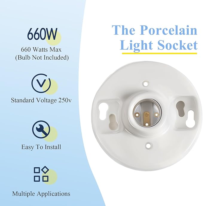 2 Pcs Medium Base E26 Lamp Holder Ceiling Light Sockets White Bulb Socket Incandescent Fluorescent CFL Lamp Holder 660w 250v (Porcelain)