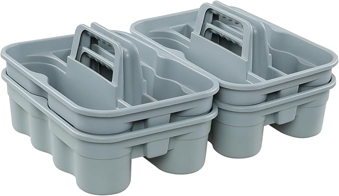 4 Packs Commercial Products Deluxe Carry Caddy, Plastic Cleaning Supplies Caddy with Handle, Gray