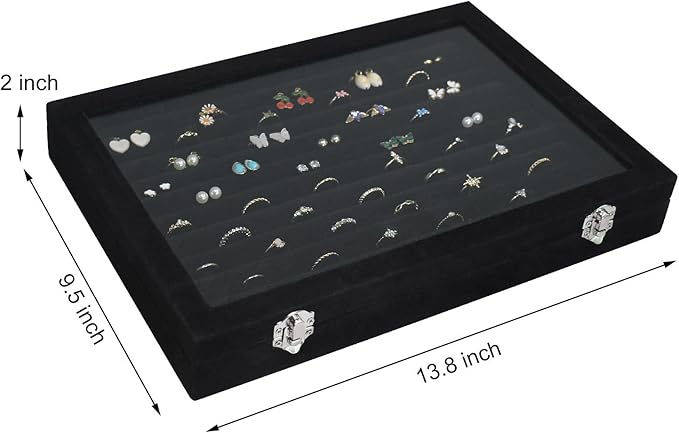 Rings Organizer Tray 10 Slots Velvet Ring Display Tray Insert Jewelry Earring Storage Box with Transparent Glass lid Can Hold 100 Rings Earrings Suitable for Girls and Women (Black)