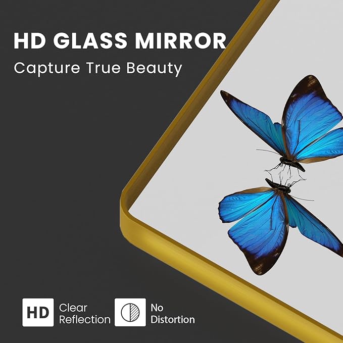 Gold Bathroom Mirror, 55x36 Inch Brushed Gold Metal Frame Mirror for Wall, Rounded Rectangle Bathroom Vanity Mirror, Tempered Glass, Anti-Rust, Horizontal/Vertical