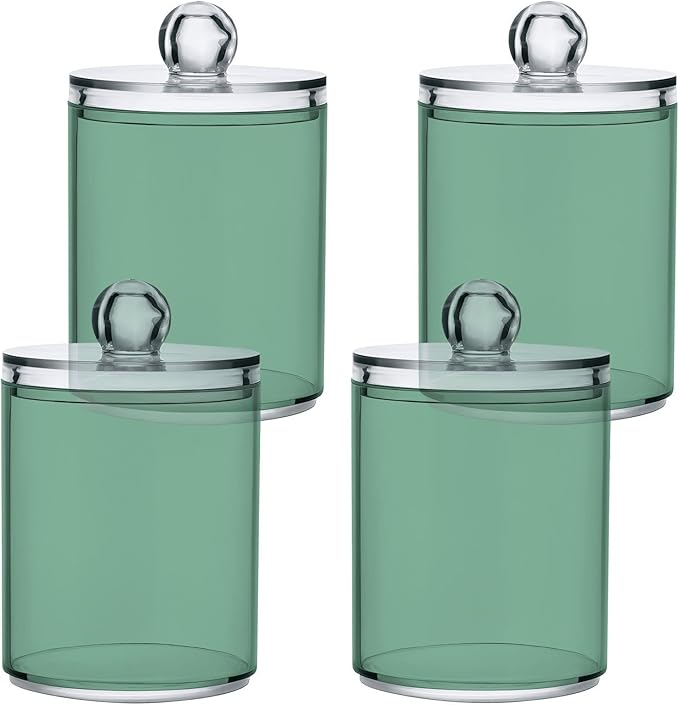 Sage Green Qtip Dispenser Apothecary Jars Bathroom Qtip Holder Storage Canister 10 Oz Plastic Jar for Cotton Ball Swab Round Pads Floss 4pcs