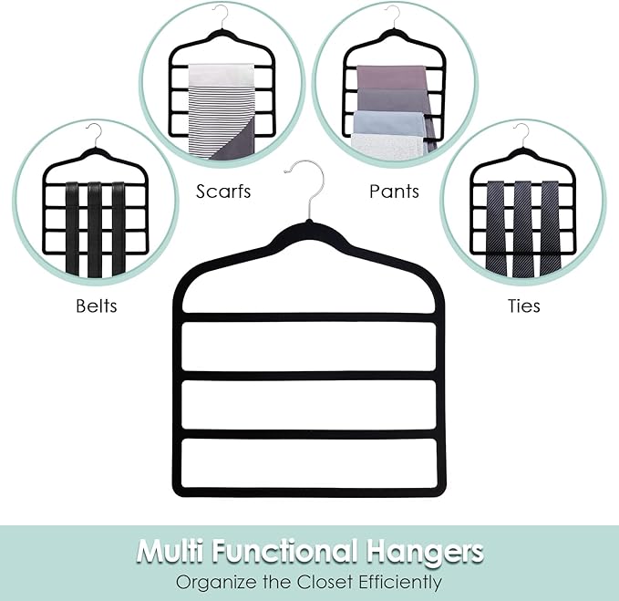 Velvet Hangers Space Saving Non Slip Pant Velvet Hangers, DUDUCOFU 4 Pack Black Multi Layer Clothes Hangers Closet Organizer for Pants Trousers Scarf