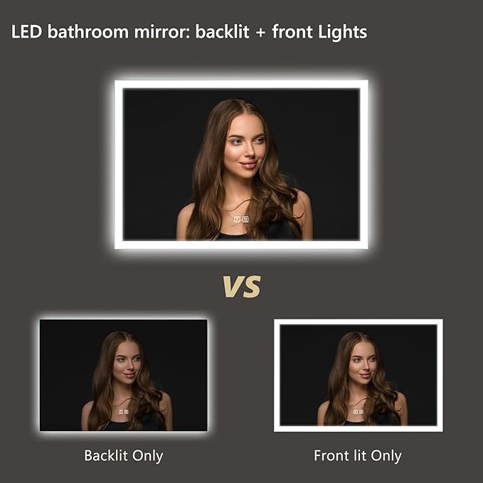 APRILSOUL 48x30 Inch LED Mirror for Bathroom, Led Vanity Mirror with Front and Backlit, 3 Color Lights, Memory Function, Anti-Fog and Dimmable Light (Horizontal/Vertical)
