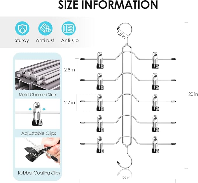 Skirt Hangers Space Saving for Woman, Jadkysarh 5 Tier Pants Organizer Hanger with Adjustable Clips Closet Organizer and Storage for Jeans, Leggings, Short - 2 Pack, Black