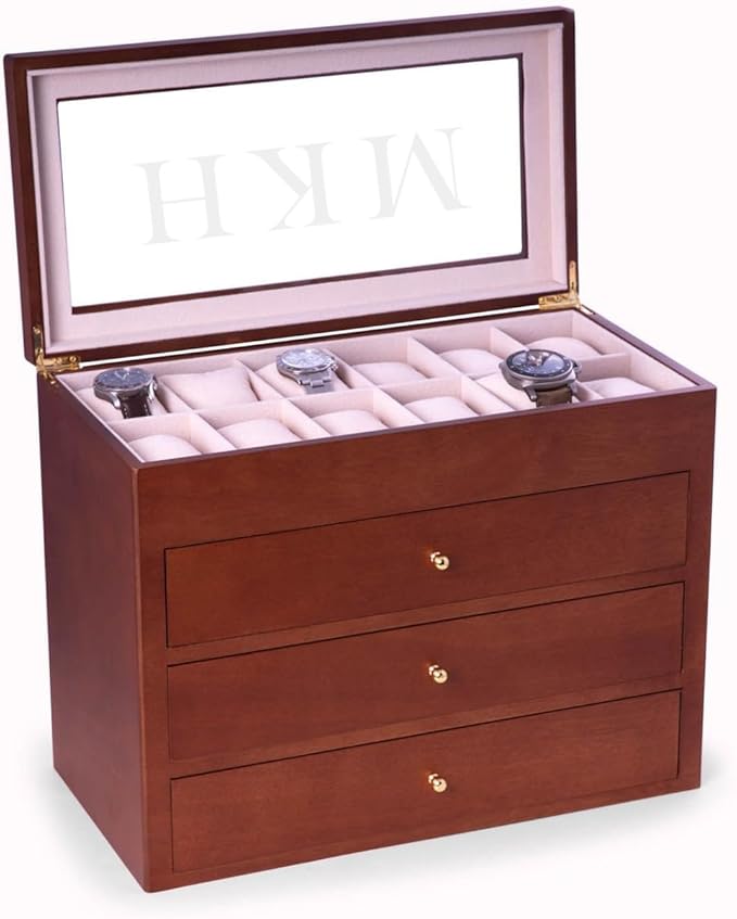 Bey-Berk Personalized Cherry Wood 48-Slot Watch Box (Brown), Custom Glass-Top Solid Wood Watch Organizer with Drawers & Velour-Lined Cushions