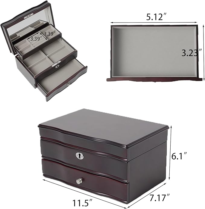 Brown jewelry box,watch cases for men with large Window,3-Tier Storage Organizer And Velvet Lining,jewelry organizers and storage for watches,Tie Pins, Rings