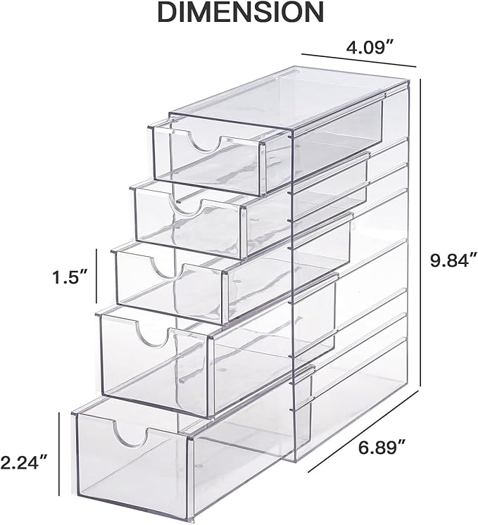FABROK Clear Hair Accessory Organizer Box with 5 Drawers, Compact Storage Organization Drawers Set for Cosmetics, Glasses, Stationery, Stackable Storage Containers Box for Bathroom, Closet, Office
