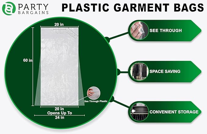 PARTY BARGAINS 60 x 24 Inch Disposable Clear Garment Bags, 100 Pack – Heavy-Duty Plastic Clothes Covers for Suits Dresses Coats, Closet & Travel