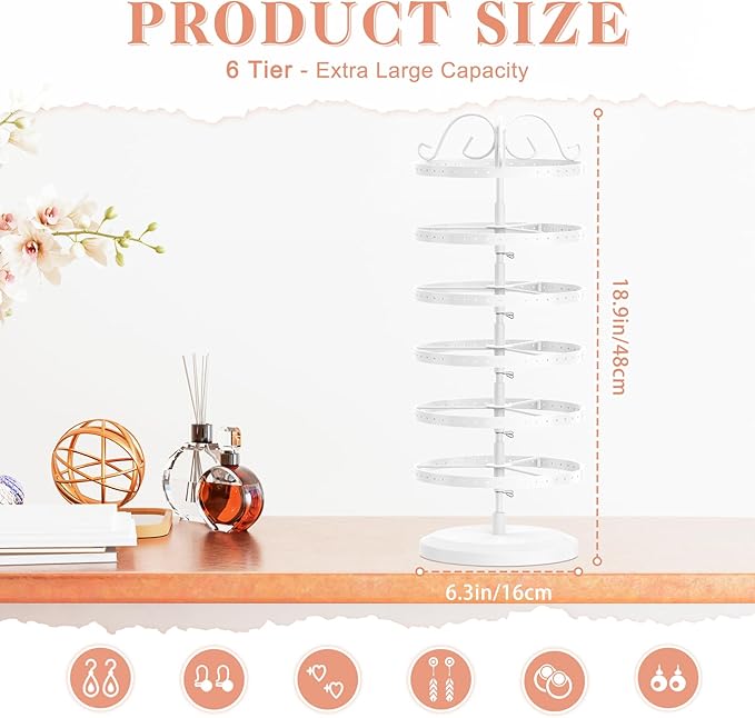 iDavosic.ly 6 Tier Metal Rotating Earring Holder Organizer, 264 Holes Large Stud Storage Display Stands Tree Rack, Adjustable Pierced Hoop Dangle Tower for Women, White