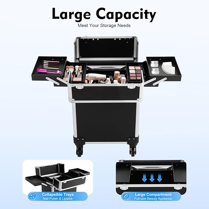 Rolling Makeup Case, Professional Cosmetic Train Case Trolley Roll Travel Box Large Capacity Salon Travel Case for Makeup Artist, Hairstylists, Nail Tech Makeup (Style 3)