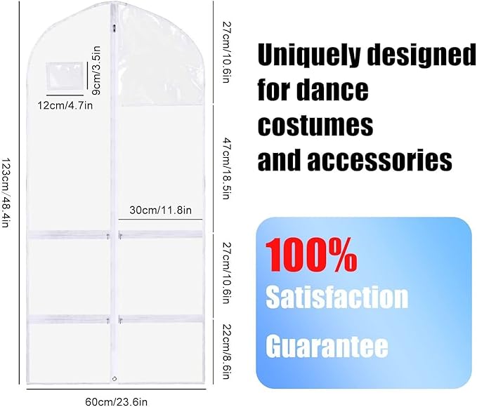 50 Inch Clear Garment Bags for Hanging Clothes (3 Pack), Extra Long Dance Costume Bags with 4 Zipper Pockets for Gowns, Lyrical Dresses & Pageant Competitions, Waterproof PVC Travel Carrier