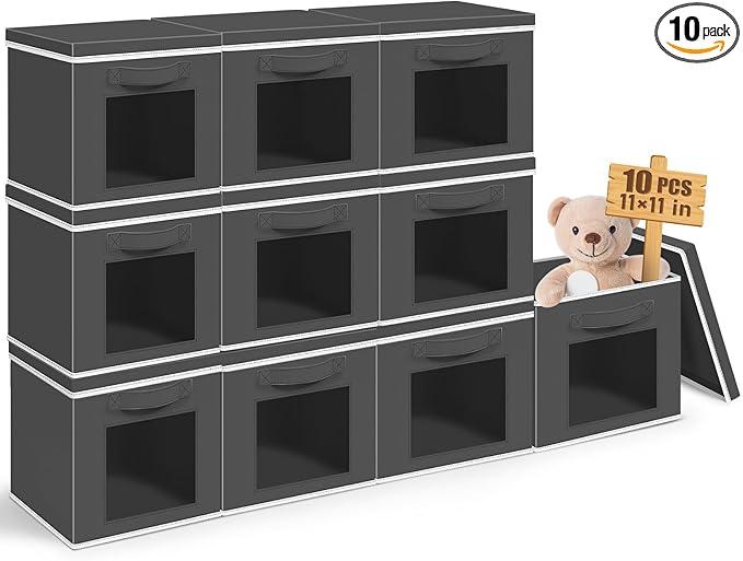 10 Pcs Fabric Storage Cube with Lid 11x11 Inch Fabric Storage Bins with Window Handle Collapsible Cube Organizer Basket for Shelves Closet Bedroom Office Clothes Book Stuffs (Dark Gray)
