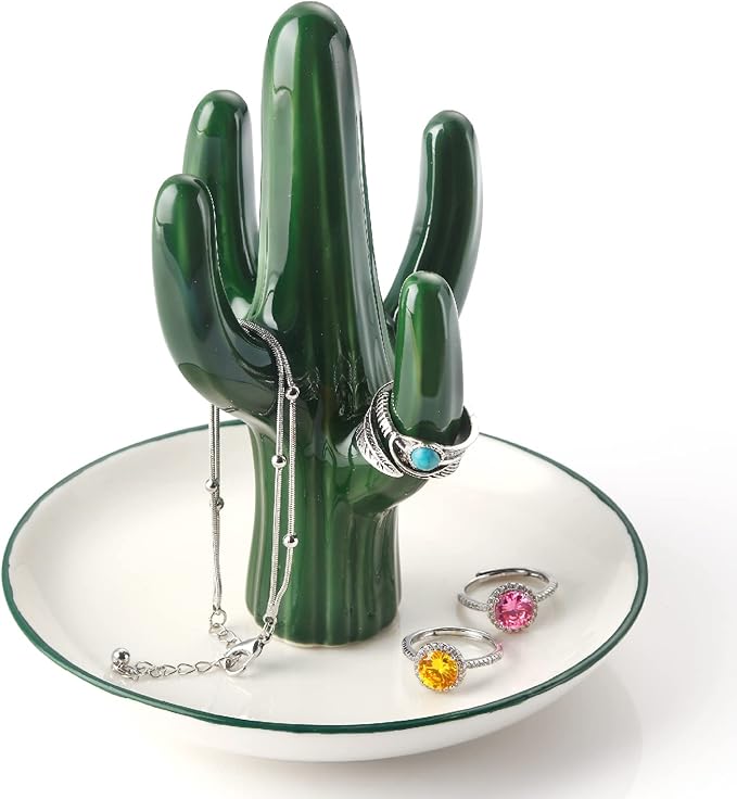 PUDDING CABIN Cactus Ring Holder Green Jewelry Dish for Rings Earrings Bracelets Necklace Organizer, Cactus Gift for Women Birthday Wedding Graduation Christmas Valentines, Room Decor Aesthetic