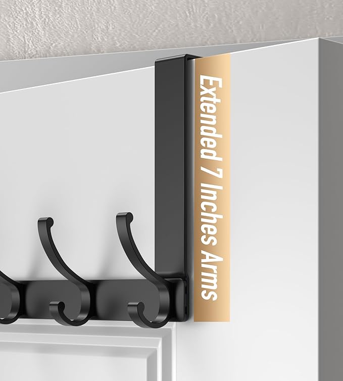 KitchLife Over The Door Hooks Hanger with 7 inches Extended Arms, Fits 1 3/4" Doors, F18U, Bathroom Towel Rack Organization, Thickened 6-Double Hook, Matte Black