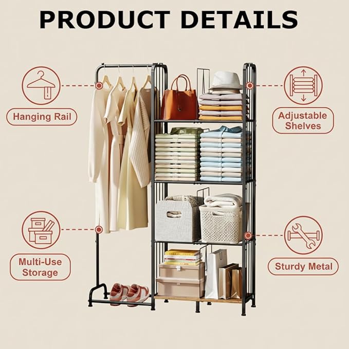 4 Tier Hanging Closet Organizer Separable Hanging Closet Shelves with 4 Adjustable Dividers Freestanding Wardrobe Closet Organizer for Clothing Sweaters Shoes Handbags Clutches Accessories