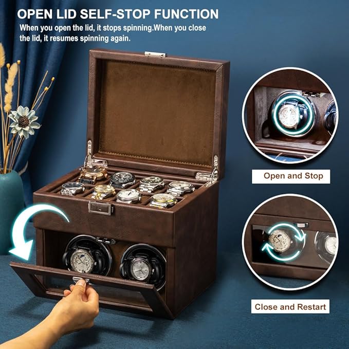Automatic Watch Winder,Double Watch Winder and 8 Extra Storage Display Box with LED Light,Japanese Quiet Motor,Adjustable Watch Pillows,AC Adapter,Father’s Day Gift for Men