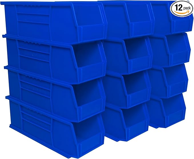 Akro-Mils 30234 AkroBins Plastic Storage Bins, Space-Saving Stackable Bins for Garage, Pantry, Craft Organization, 15" x 5" x 5", Blue, 12-Pack