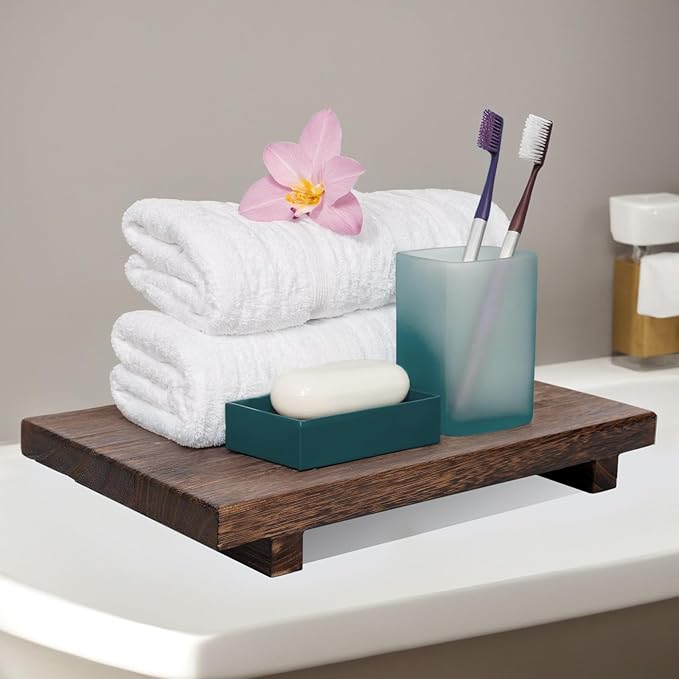 (12 x 7 Inch) Wood Riser Soap Tray, Farmhouse Wood Pedestal Stand for Kitchen Counter Sink, Rustic Wooden Riser Decorative Bathroom Counter Dishes Plant Bottles Candles Display